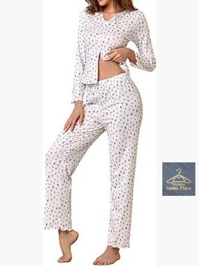 V-Neck Floral Pajama Set Long Sleeve Button-Down Lounge Sets Soft Loungewear